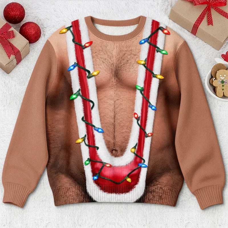 Funny Christmas Light Fake Chest Print Sweatshirt – Festive Gag Party Sweater