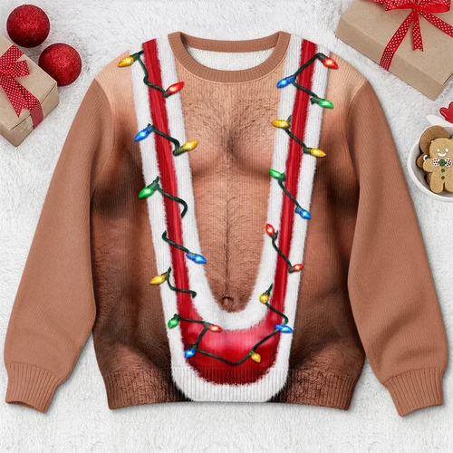 Funny Christmas Light Fake Chest Print Sweatshirt – Festive Gag Party Sweater