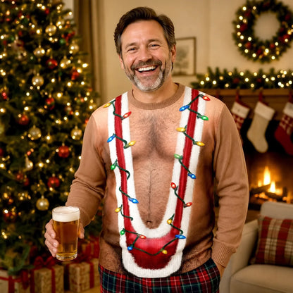 Funny Christmas Light Fake Chest Print Sweatshirt – Festive Gag Party Sweater