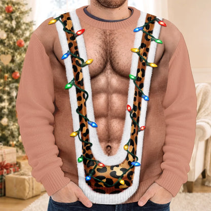 Funny Christmas Light Fake Chest Print Sweatshirt – Festive Gag Party Sweater