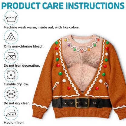 Funny Gingerbread Fake Chest Print Sweatshirt – Fun Ugly Xmas Costume Jumper