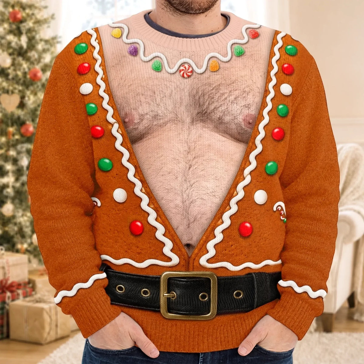 Funny Gingerbread Fake Chest Print Sweatshirt – Fun Ugly Xmas Costume Jumper