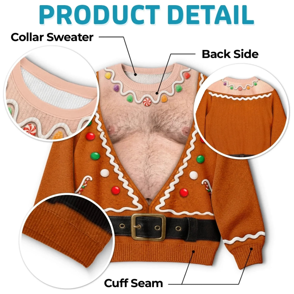Funny Gingerbread Fake Chest Print Sweatshirt – Fun Ugly Xmas Costume Jumper