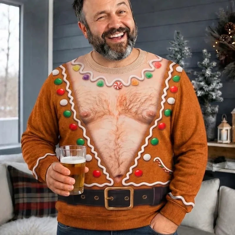 Funny Gingerbread Fake Chest Print Sweatshirt – Fun Ugly Xmas Costume Jumper