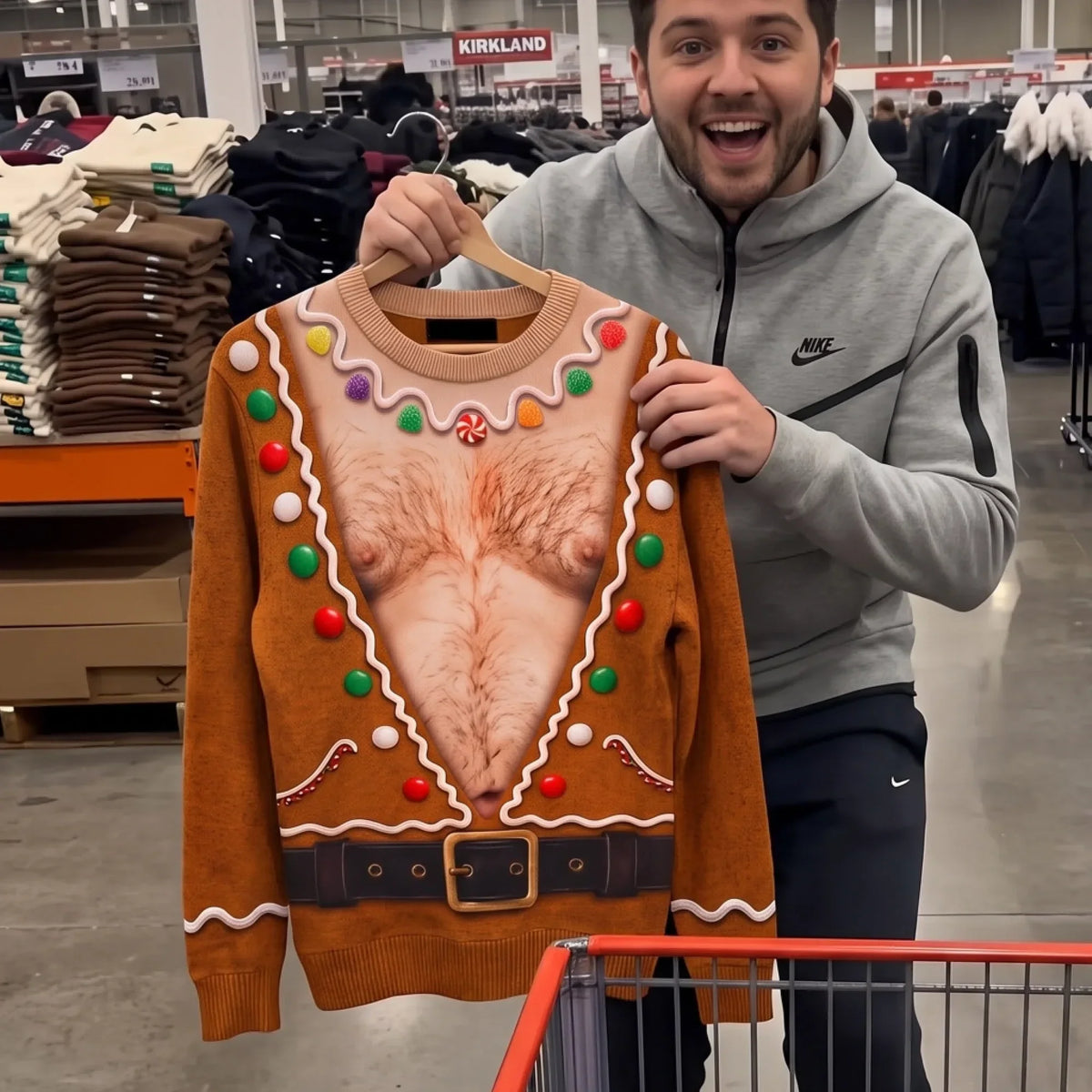 Funny Gingerbread Fake Chest Print Sweatshirt – Fun Ugly Xmas Costume Jumper