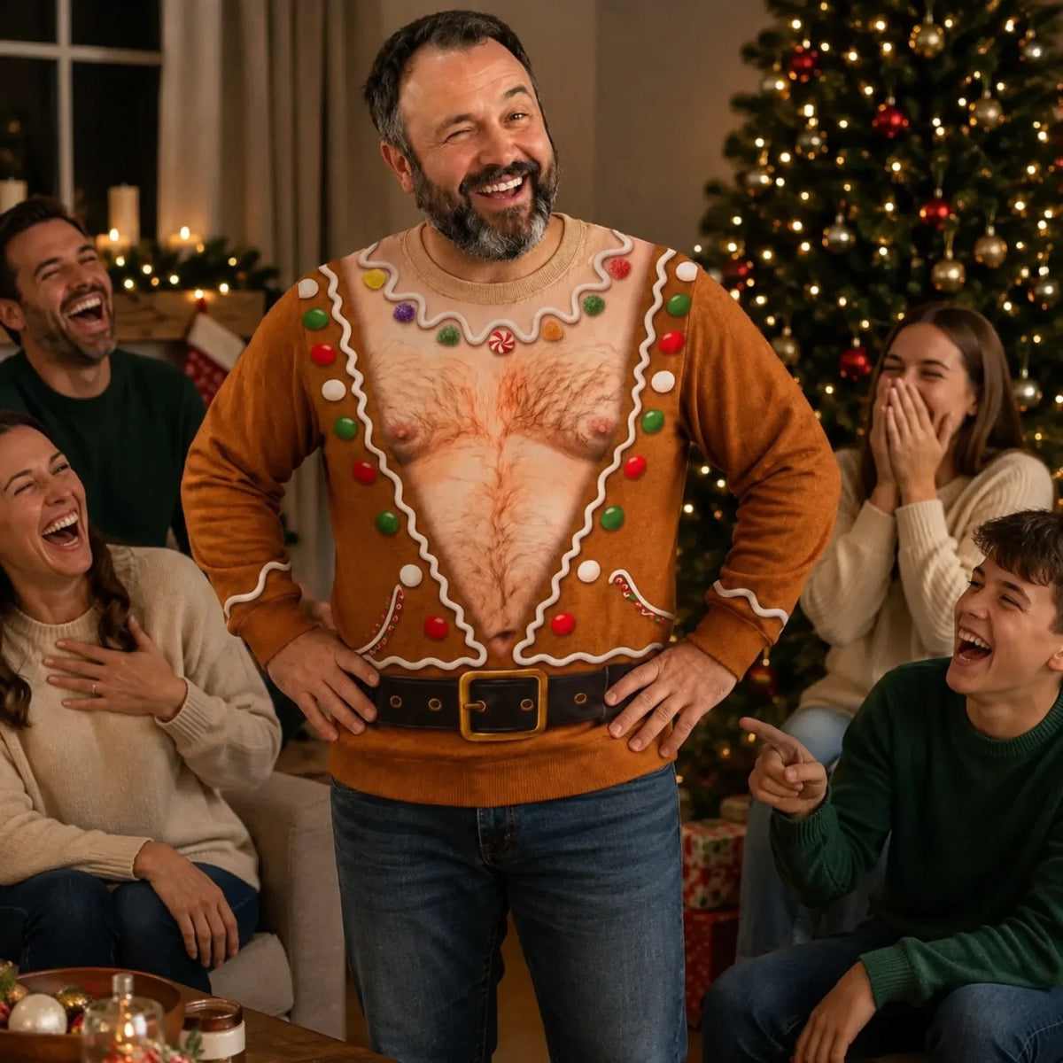Funny Gingerbread Fake Chest Print Sweatshirt – Fun Ugly Xmas Costume Jumper