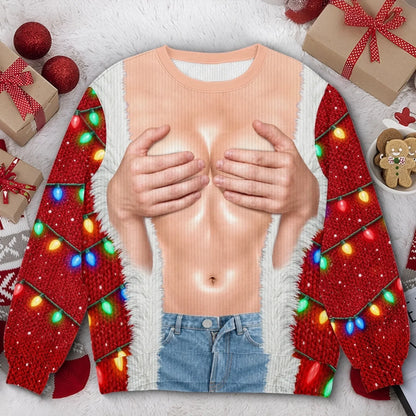 Funny Christmas Muscle Illusion Sweater – Personalized Ugly Christmas Pullover for Women