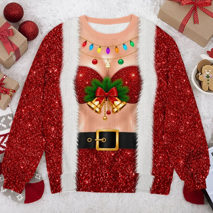 Funny Bell Bust Santa Print Sweatshirt – Sparkly Christmas Party Jumper