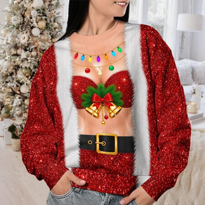 Funny Bell Bust Santa Print Sweatshirt – Sparkly Christmas Party Jumper