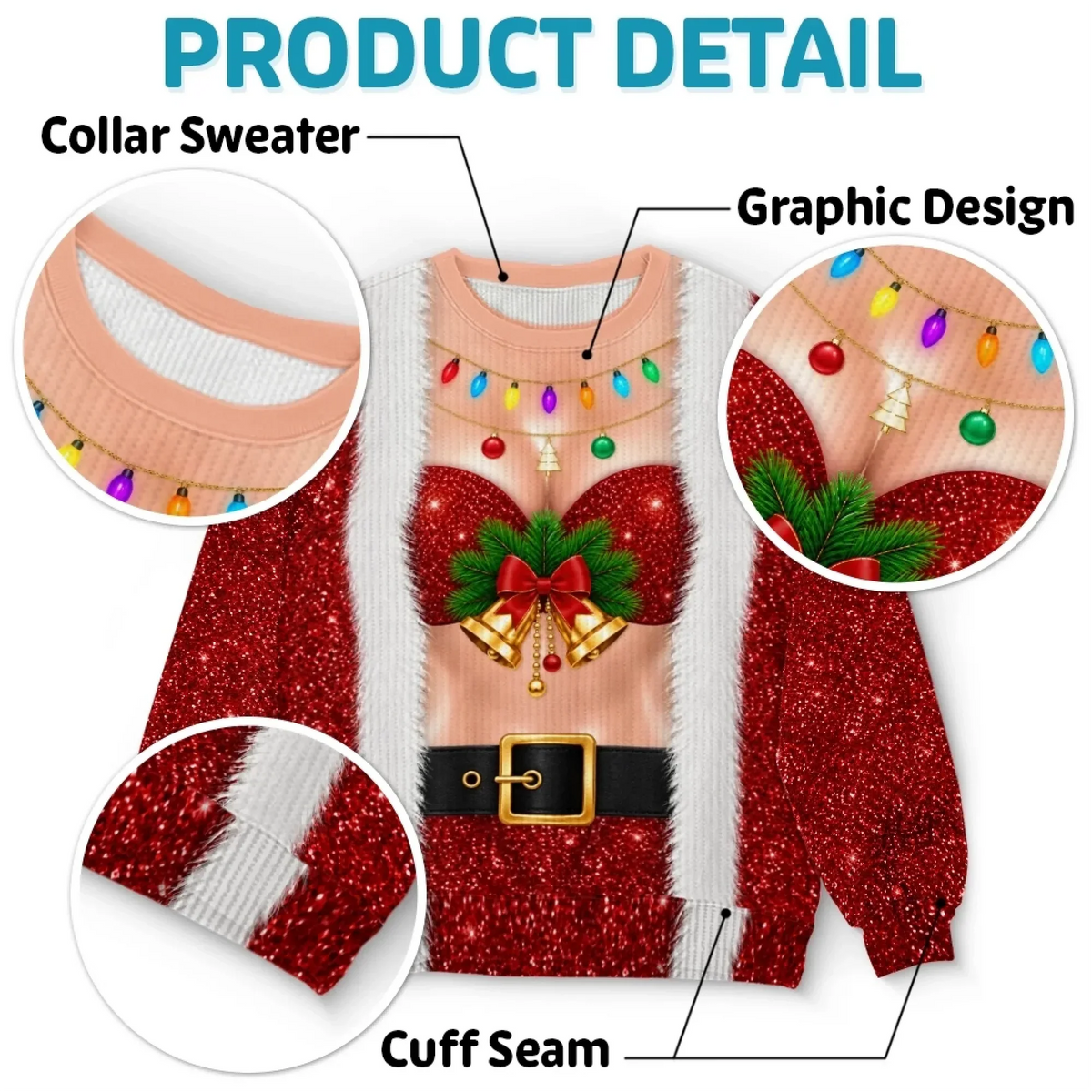 Funny Bell Bust Santa Print Sweatshirt – Sparkly Christmas Party Jumper