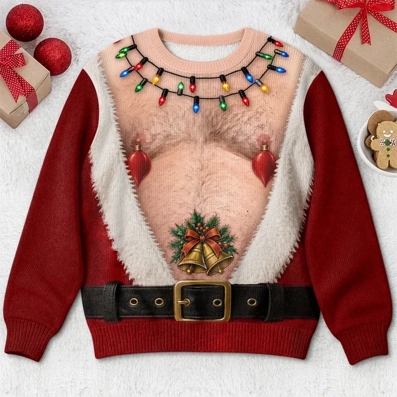 Funny Christmas Ugly Sweater – Santa Belly Illusion Sweater with Christmas Lights for Men