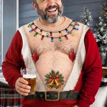 Funny Christmas Ugly Sweater – Santa Belly Illusion Sweater with Christmas Lights for Men