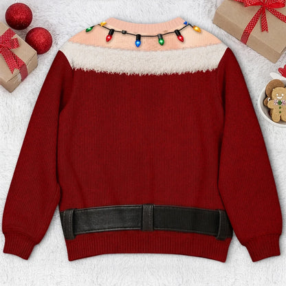 Funny Christmas Ugly Sweater – Santa Belly Illusion Sweater with Christmas Lights for Men