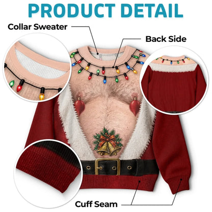 Funny Christmas Ugly Sweater – Santa Belly Illusion Sweater with Christmas Lights for Men
