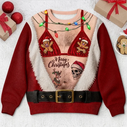 Funny Christmas Ugly Sweater – Santa Body Illusion Sweater with Lights for Men