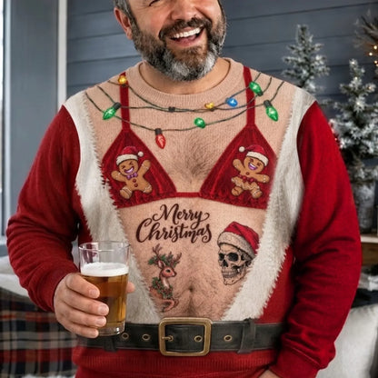 Funny Christmas Ugly Sweater – Santa Body Illusion Sweater with Lights for Men