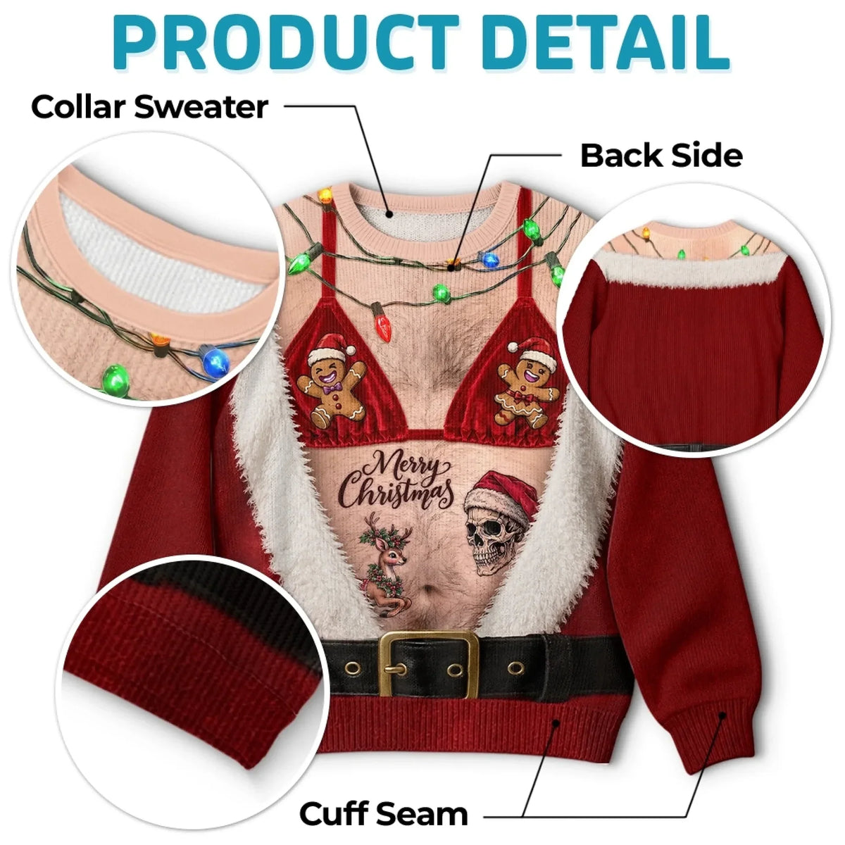Funny Christmas Ugly Sweater – Santa Body Illusion Sweater with Lights for Men