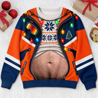 Funny Christmas Belly Sweatshirt – Holiday Lights & Jacket Print Ugly Christmas Pullover