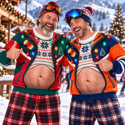 Funny Christmas Belly Sweatshirt – Holiday Lights & Jacket Print Ugly Christmas Pullover
