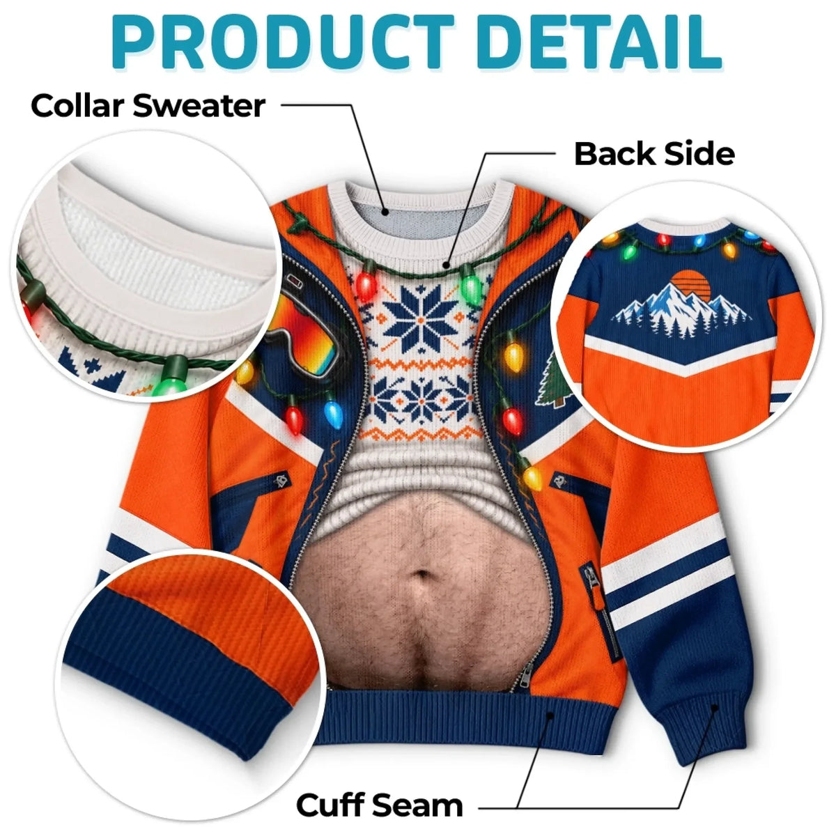 Funny Christmas Belly Sweatshirt – Holiday Lights & Jacket Print Ugly Christmas Pullover