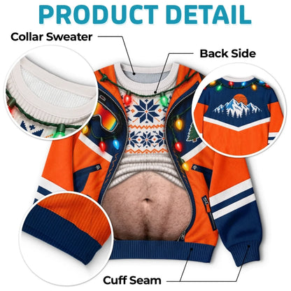 Funny Christmas Belly Sweatshirt – Holiday Lights & Jacket Print Ugly Christmas Pullover