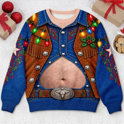 Funny Christmas Cowboy Belly Sweatshirt – Western Holiday Lights Pullover