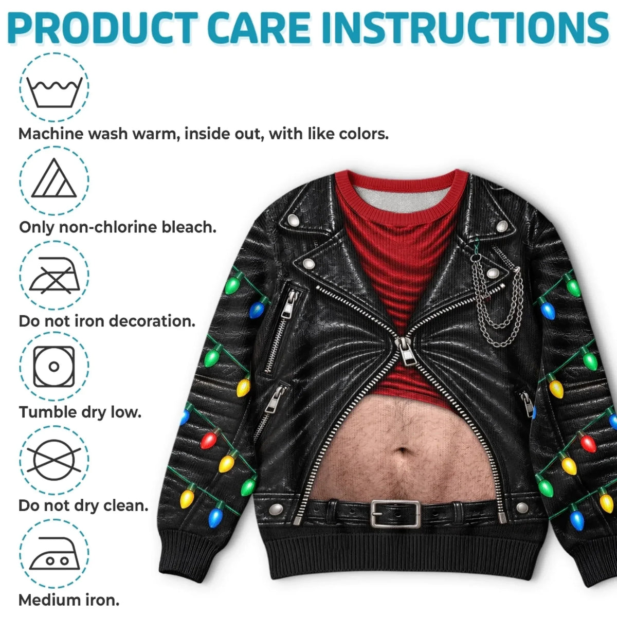 Funny Christmas Biker Belly Sweatshirt – Faux Leather Jacket Holiday Pullover