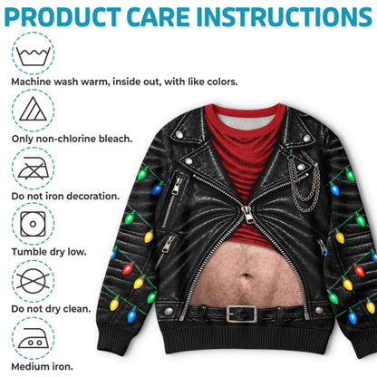 Funny Christmas Biker Belly Sweatshirt – Faux Leather Jacket Holiday Pullover