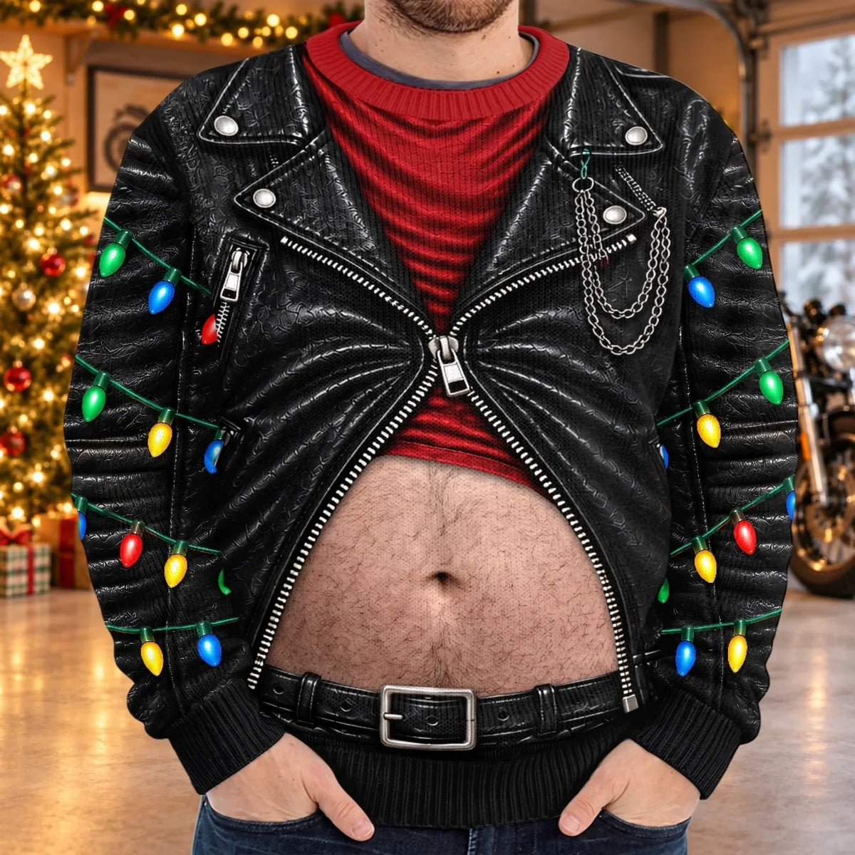 Funny Christmas Biker Belly Sweatshirt – Faux Leather Jacket Holiday Pullover