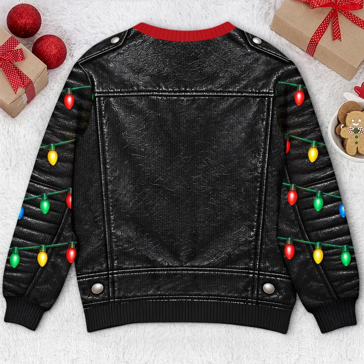 Funny Christmas Biker Belly Sweatshirt – Faux Leather Jacket Holiday Pullover
