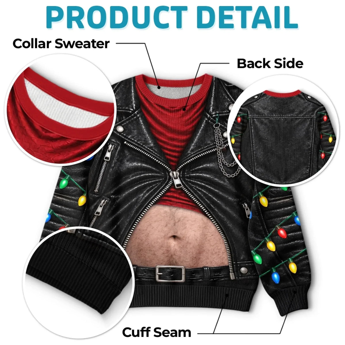 Funny Christmas Biker Belly Sweatshirt – Faux Leather Jacket Holiday Pullover