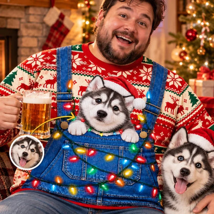Custom Pet Photo Christmas Sweater – Funny Holiday Overalls Pet Sweatshirt
