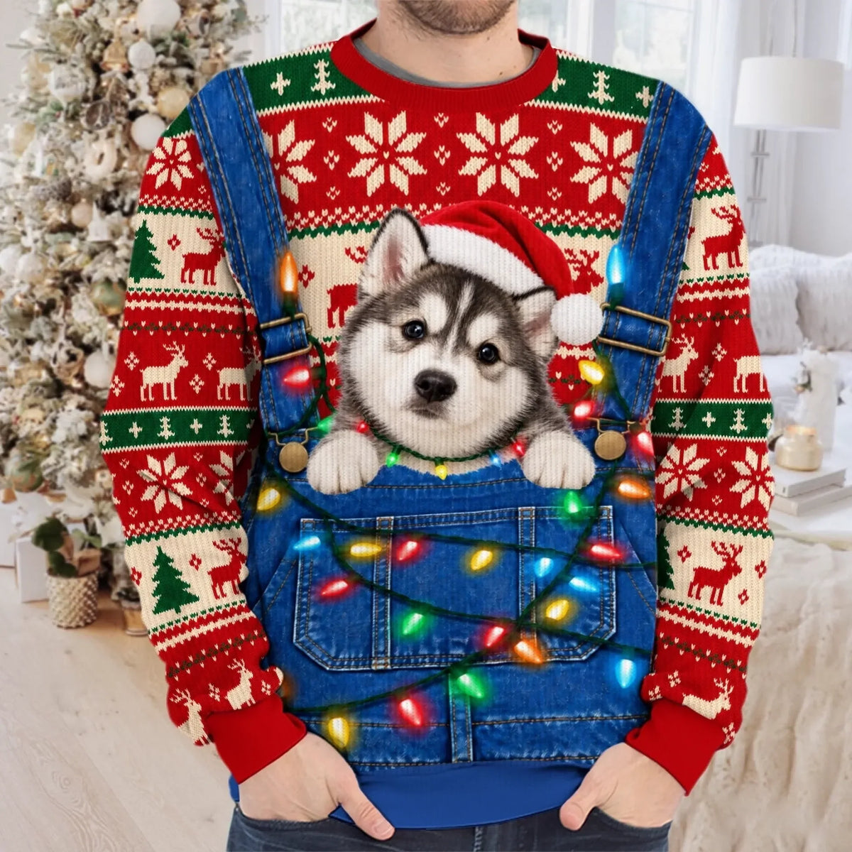 Custom Pet Photo Christmas Sweater – Funny Holiday Overalls Pet Sweatshirt
