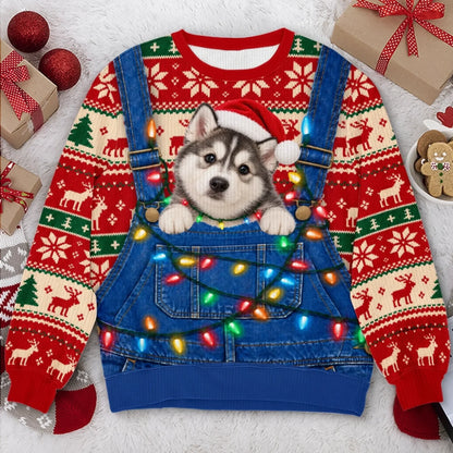 Custom Pet Photo Christmas Sweater – Funny Holiday Overalls Pet Sweatshirt
