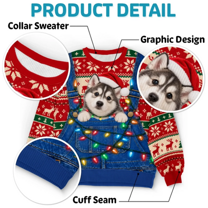 Custom Pet Photo Christmas Sweater – Funny Holiday Overalls Pet Sweatshirt