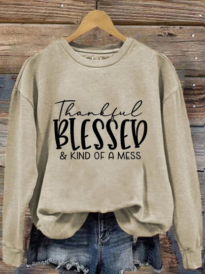 Women's Thankful Blessed & Kind of A Mess Print Casual Sweatshirt