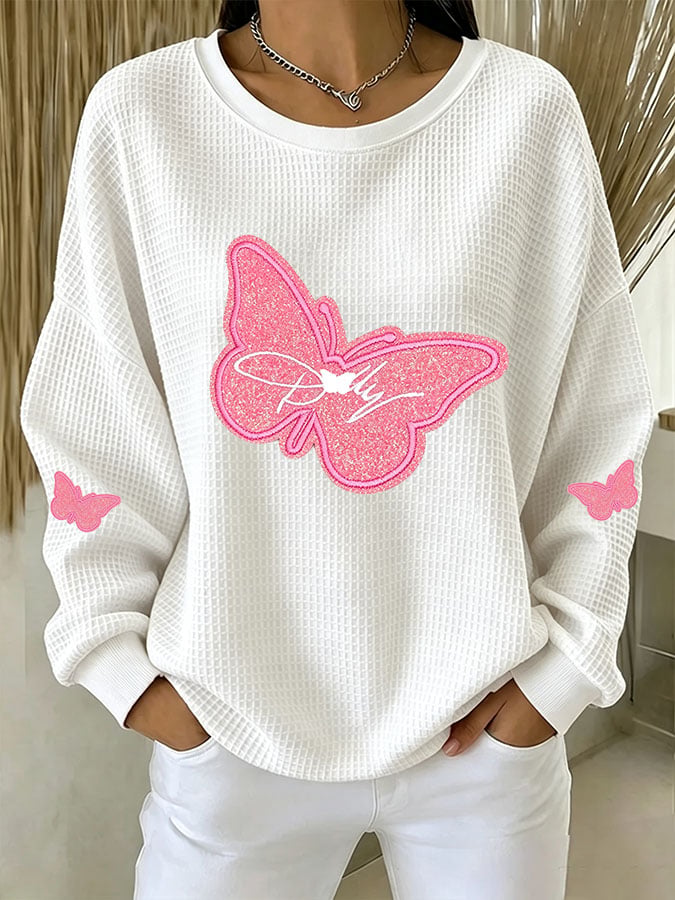 Women's Casual Printed Waffle Long-Sleeve Top
