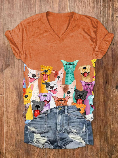 Women's Fun Colorful Dogs Print V-Neck T-Shirt