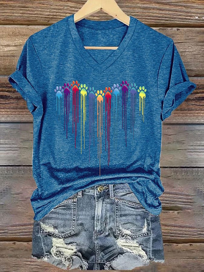 Women's Colorful Dog Heart Paw Print Casual T-shirt