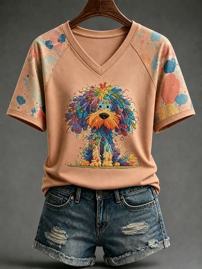 Ladies' Cute Dog V-Neck Casual T-Shirt