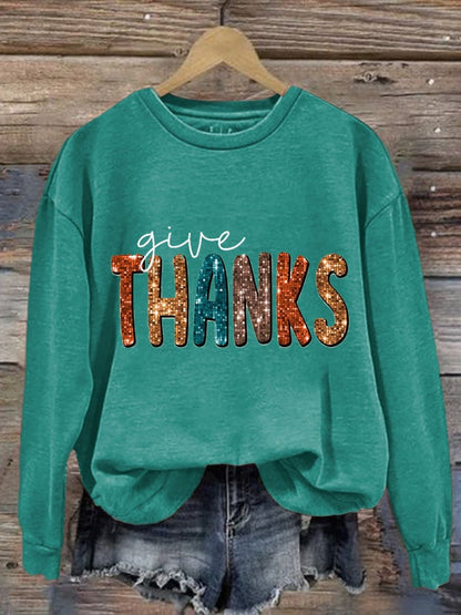 Women'S Casual Give Thanks Printed Long Sleeve Sweatshirt