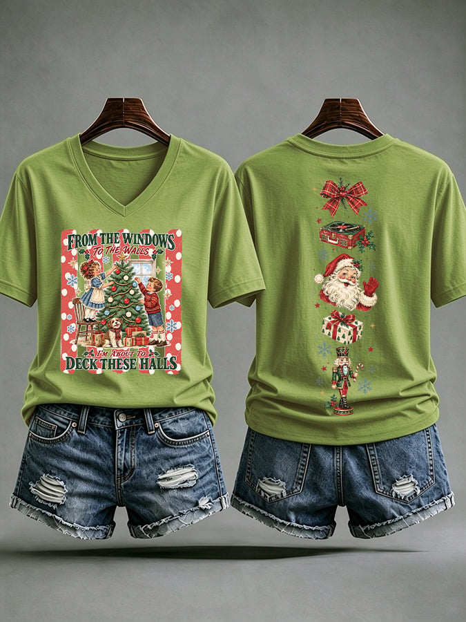 V-Neck Retro Christmas From Window To The Walls I'm About To Deck These Halls Print T-Shirt