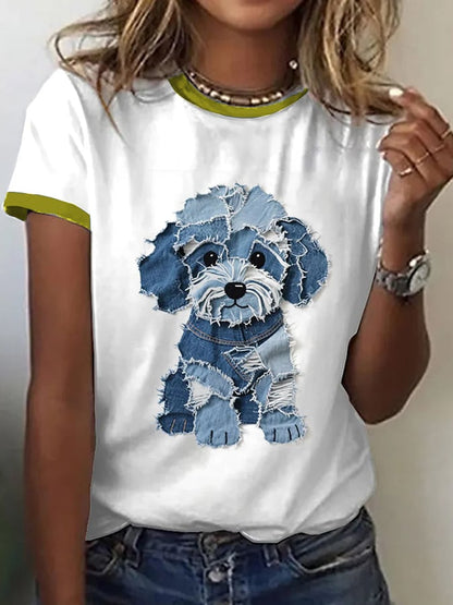 Women's Retro Funny Animal Dog Print Crew Neck T-Shirt