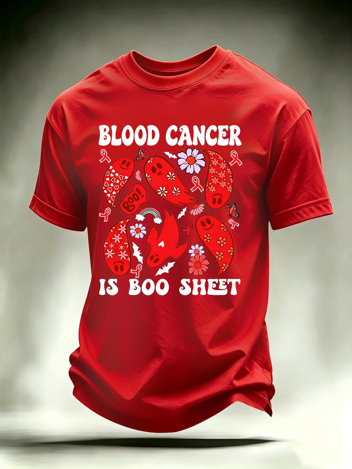 Men's Blood Cancer Awareness Red Ribbon Cute Ghosts Halloween Support Artwork T-Shirt