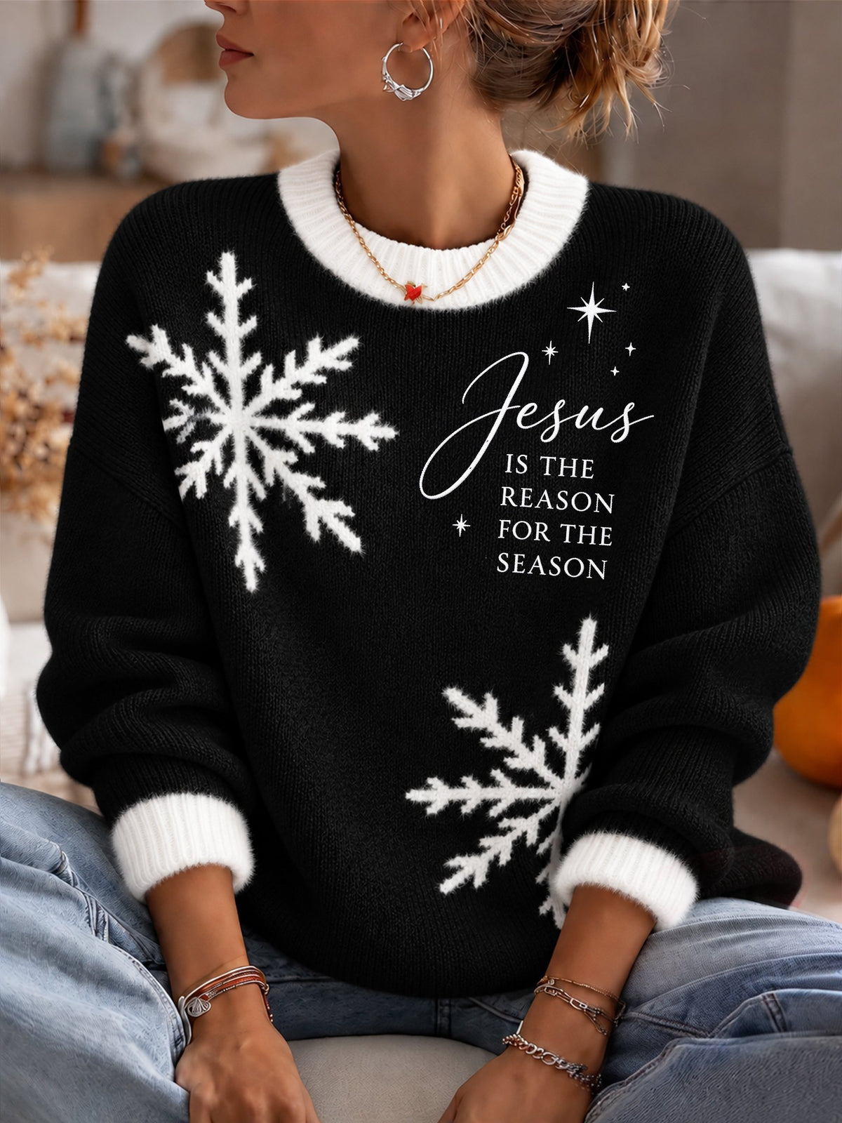 Women's Plush Knit Sweater – Festive Jesus-Themed Design