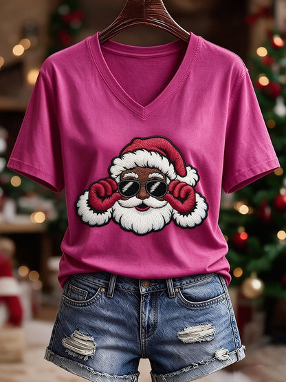 Black Women'S Christmas-Themed Printed Casual T-Shirt