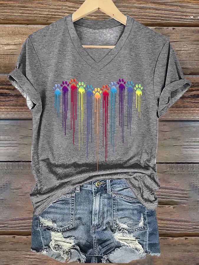 Women's Colorful Dog Heart Paw Print Casual T-shirt