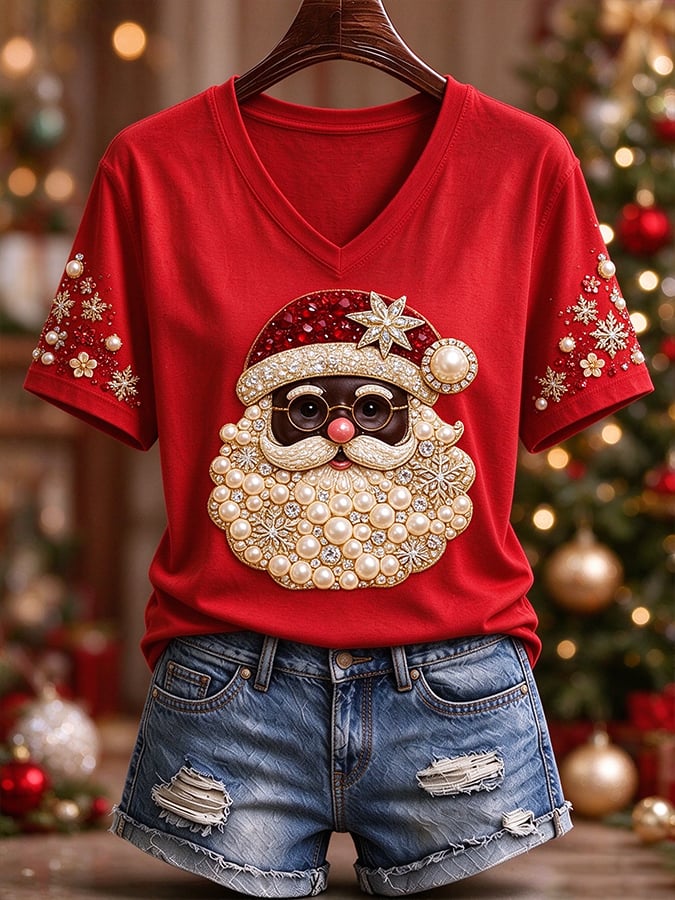 Black Women'S Christmas-Themed Printed Casual T-Shirt