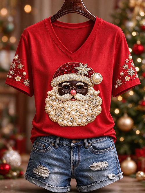 Black Women'S Christmas-Themed Printed Casual T-Shirt