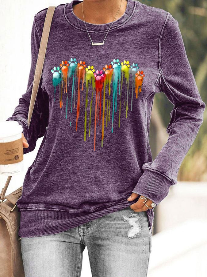 Women's Colorful Love Heart Dog Paw Print Sweatshirt